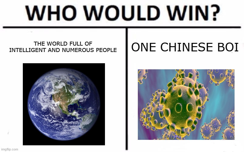 Who Would Win? Meme | THE WORLD FULL OF INTELLIGENT AND NUMEROUS PEOPLE; ONE CHINESE BOI | image tagged in memes,who would win | made w/ Imgflip meme maker