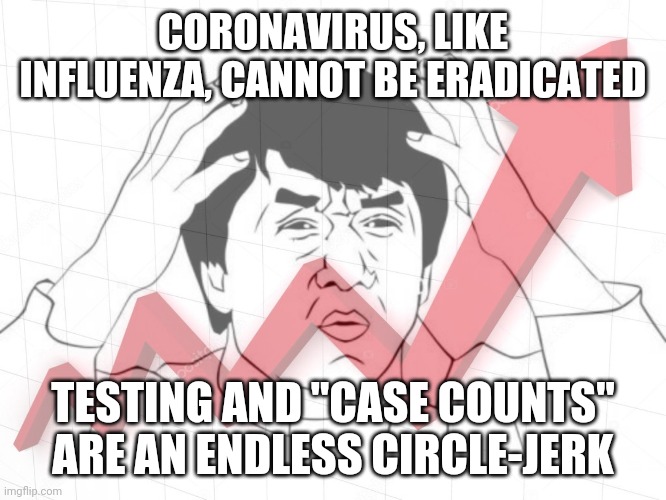 Testing for ever-present viruses will endlessly find more "cases". Enough is enough. | CORONAVIRUS, LIKE INFLUENZA, CANNOT BE ERADICATED; TESTING AND "CASE COUNTS" ARE AN ENDLESS CIRCLE-JERK | image tagged in coronavirus,test | made w/ Imgflip meme maker