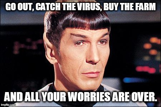Condescending Spock | GO OUT, CATCH THE VIRUS, BUY THE FARM AND ALL YOUR WORRIES ARE OVER. | image tagged in condescending spock | made w/ Imgflip meme maker