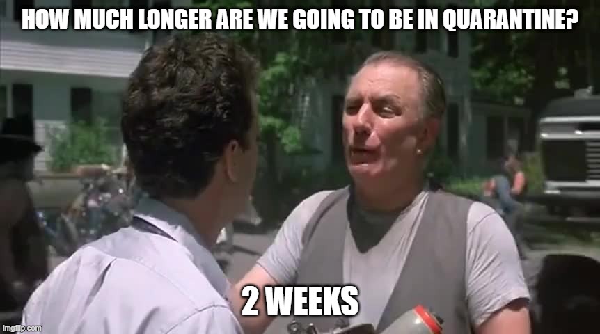 two weeks | HOW MUCH LONGER ARE WE GOING TO BE IN QUARANTINE? 2 WEEKS | image tagged in two weeks | made w/ Imgflip meme maker