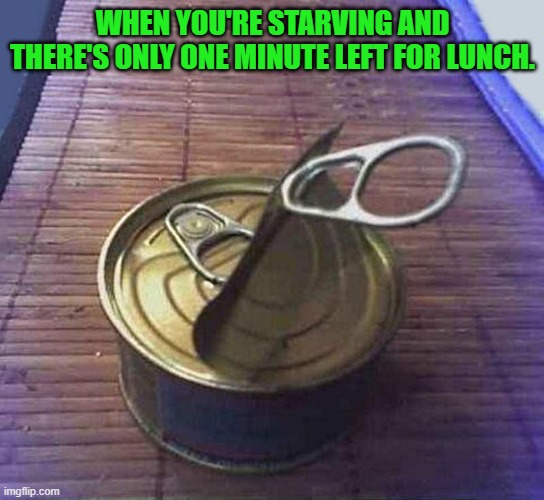 Just my luck | WHEN YOU'RE STARVING AND THERE'S ONLY ONE MINUTE LEFT FOR LUNCH. | image tagged in two lids,can,lunch,school | made w/ Imgflip meme maker