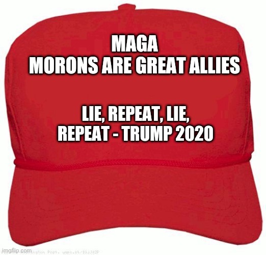Red Hat | MAGA
MORONS ARE GREAT ALLIES; LIE, REPEAT, LIE, REPEAT - TRUMP 2020 | image tagged in red hat | made w/ Imgflip meme maker