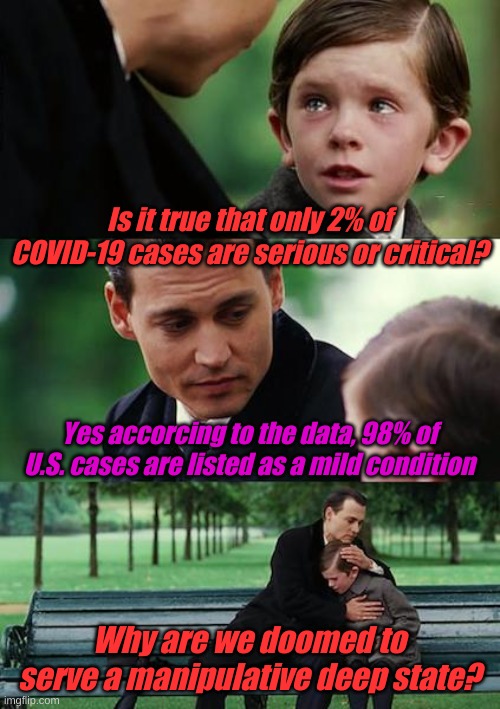 And now for another spin on the WorldOMeter! | Is it true that only 2% of COVID-19 cases are serious or critical? Yes accorcing to the data, 98% of U.S. cases are listed as a mild condition; Why are we doomed to serve a manipulative deep state? | image tagged in memes,finding neverland | made w/ Imgflip meme maker