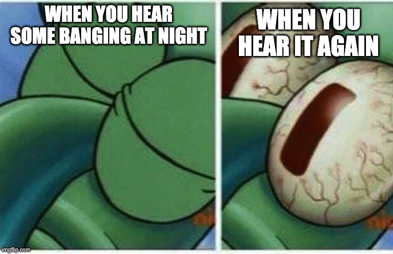 Squidward | WHEN YOU HEAR IT AGAIN; WHEN YOU HEAR SOME BANGING AT NIGHT | image tagged in squidward | made w/ Imgflip meme maker