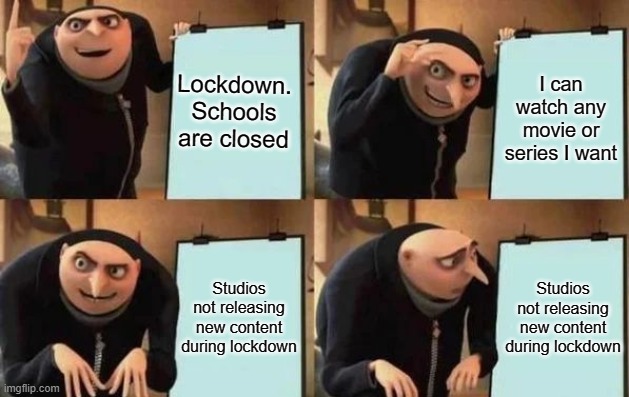 Gru's Plan | Lockdown. Schools are closed; I can watch any movie or series I want; Studios not releasing new content during lockdown; Studios not releasing new content during lockdown | image tagged in gru's plan | made w/ Imgflip meme maker