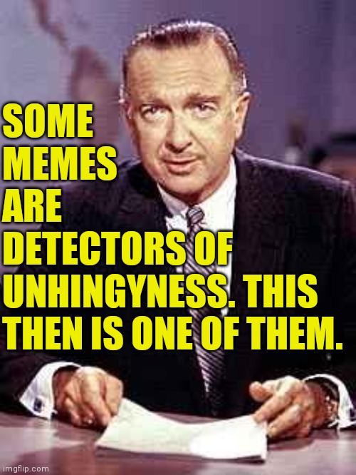 Walter Cronkite | SOME
MEMES
ARE
DETECTORS OF
UNHINGYNESS. THIS
THEN IS ONE OF THEM. | image tagged in walter cronkite | made w/ Imgflip meme maker