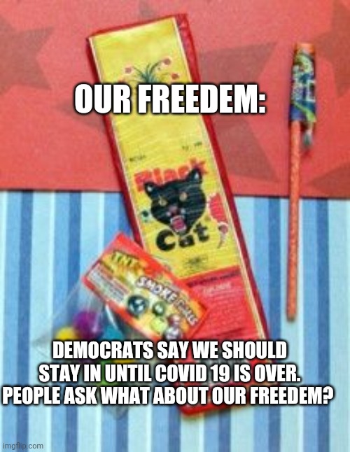 Tiny fireworks for our freedem | OUR FREEDEM:; DEMOCRATS SAY WE SHOULD STAY IN UNTIL COVID 19 IS OVER. PEOPLE ASK WHAT ABOUT OUR FREEDEM? | image tagged in freedem,democrats,fireworks | made w/ Imgflip meme maker