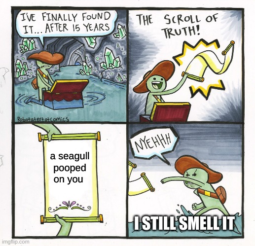 The Scroll Of Truth | a seagull pooped on you; I STILL SMELL IT | image tagged in memes,the scroll of truth | made w/ Imgflip meme maker