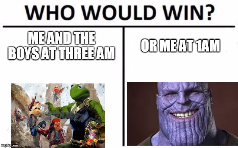 Who Would Win? | ME AND THE BOYS AT THREE AM; OR ME AT 1AM | image tagged in memes,who would win | made w/ Imgflip meme maker