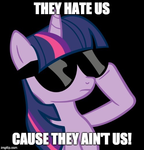 Twilight with shades | THEY HATE US CAUSE THEY AIN'T US! | image tagged in twilight with shades | made w/ Imgflip meme maker