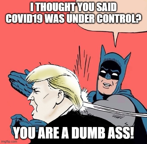 Batman slaps Trump | I THOUGHT YOU SAID COVID19 WAS UNDER CONTROL? YOU ARE A DUMB ASS! | image tagged in batman slaps trump | made w/ Imgflip meme maker