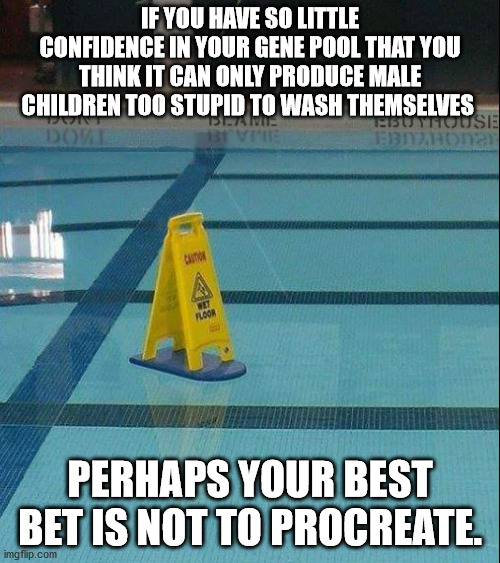 Safety at the pool | IF YOU HAVE SO LITTLE CONFIDENCE IN YOUR GENE POOL THAT YOU THINK IT CAN ONLY PRODUCE MALE CHILDREN TOO STUPID TO WASH THEMSELVES; PERHAPS YOUR BEST BET IS NOT TO PROCREATE. | image tagged in safety at the pool | made w/ Imgflip meme maker