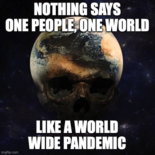 NWO IS HERE | NOTHING SAYS ONE PEOPLE, ONE WORLD LIKE A WORLD WIDE PANDEMIC | image tagged in nwo is here | made w/ Imgflip meme maker