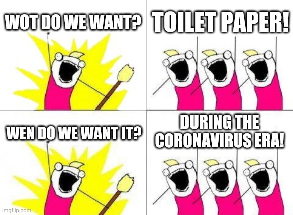 What Do We Want | WOT DO WE WANT? TOILET PAPER! DURING THE CORONAVIRUS ERA! WEN DO WE WANT IT? | image tagged in memes,what do we want | made w/ Imgflip meme maker