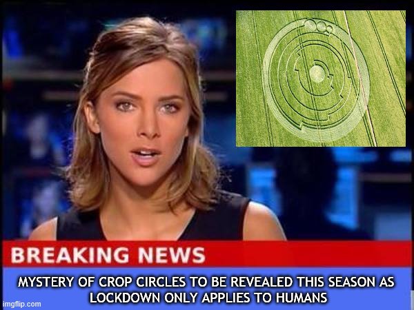 The truth will out! |  MYSTERY OF CROP CIRCLES TO BE REVEALED THIS SEASON AS 
LOCKDOWN ONLY APPLIES TO HUMANS | image tagged in breaking news,crop circles,truth | made w/ Imgflip meme maker