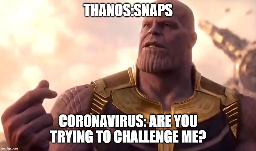 thanos snap | THANOS:SNAPS; CORONAVIRUS: ARE YOU TRYING TO CHALLENGE ME? | image tagged in thanos snap | made w/ Imgflip meme maker