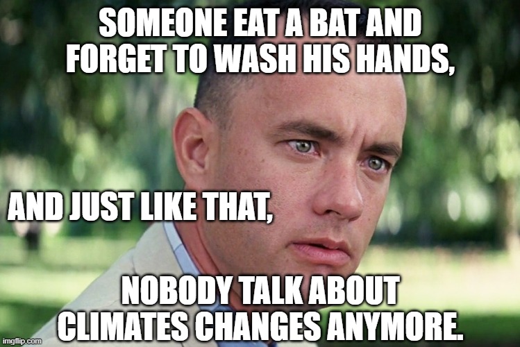 And Just Like That | SOMEONE EAT A BAT AND FORGET TO WASH HIS HANDS, AND JUST LIKE THAT, NOBODY TALK ABOUT CLIMATES CHANGES ANYMORE. | image tagged in memes,and just like that | made w/ Imgflip meme maker
