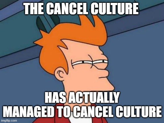 Futurama Fry | THE CANCEL CULTURE; HAS ACTUALLY MANAGED TO CANCEL CULTURE | image tagged in memes,futurama fry | made w/ Imgflip meme maker