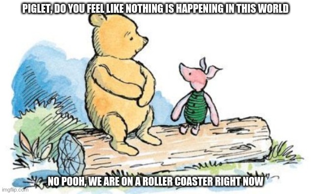 winnie the pooh and piglet | PIGLET, DO YOU FEEL LIKE NOTHING IS HAPPENING IN THIS WORLD; NO POOH, WE ARE ON A ROLLER COASTER RIGHT NOW | image tagged in winnie the pooh and piglet | made w/ Imgflip meme maker