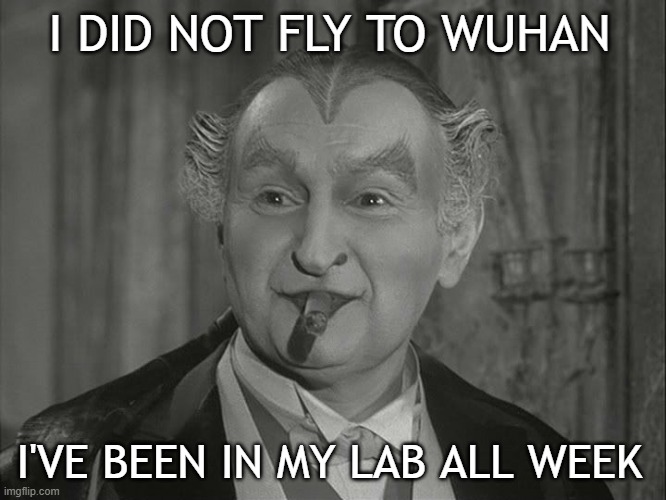 Grandpa Munster | I DID NOT FLY TO WUHAN; I'VE BEEN IN MY LAB ALL WEEK | image tagged in grandpa munster | made w/ Imgflip meme maker
