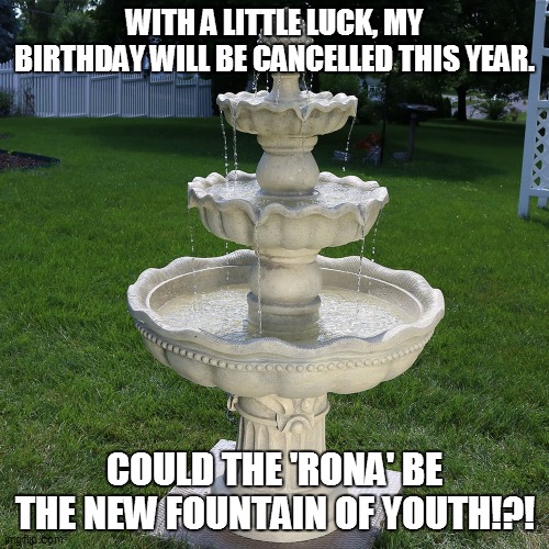 Fountain 3 tiered | WITH A LITTLE LUCK, MY BIRTHDAY WILL BE CANCELLED THIS YEAR. COULD THE 'RONA' BE THE NEW FOUNTAIN OF YOUTH!?! | image tagged in fountain 3 tiered | made w/ Imgflip meme maker