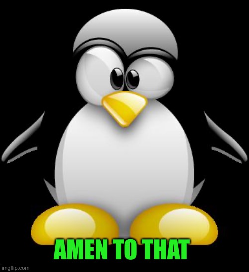 Tux Linux | AMEN TO THAT | image tagged in tux linux | made w/ Imgflip meme maker