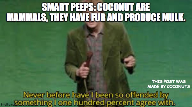 I have never been so offended | SMART PEEPS: COCONUT ARE MAMMALS, THEY HAVE FUR AND PRODUCE MULK. THIS POST WAS MADE BY COCONUTS | image tagged in i have never been so offended | made w/ Imgflip meme maker