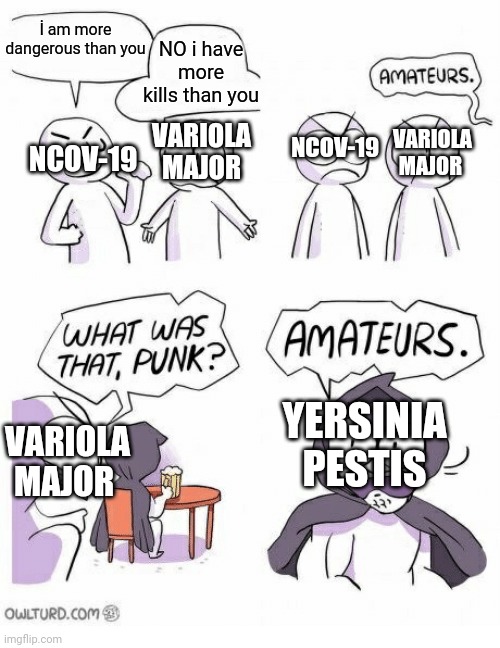 Amateurs | NO i have more kills than you; İ am more dangerous than you; NCOV-19; NCOV-19; VARIOLA MAJOR; VARIOLA MAJOR; YERSINIA PESTIS; VARIOLA MAJOR | image tagged in amateurs | made w/ Imgflip meme maker