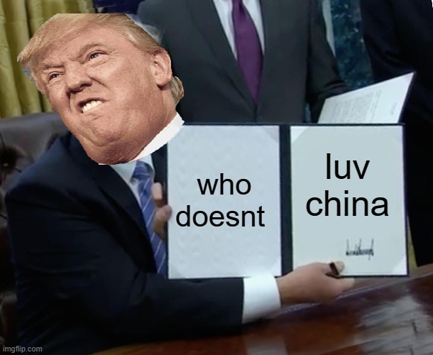 Trump Bill Signing Meme | who doesnt; luv china | image tagged in memes,trump bill signing | made w/ Imgflip meme maker