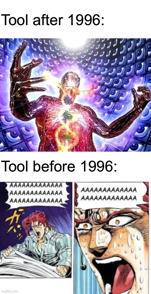Tool music | Tool after 1996:; Tool before 1996: | image tagged in kakyoin screaming,tool,metal,jojo's bizarre adventure | made w/ Imgflip meme maker