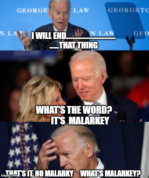 Joe ends that thing | I WILL END............................... ......THAT THING; WHAT'S THE WORD?        IT'S  MALARKEY; THAT'S IT, NO MALARKY     WHAT'S MALARKEY? | image tagged in joe biden,confused,bad memory | made w/ Imgflip meme maker