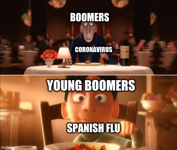 anton ego | BOOMERS; CORONAVIRUS; YOUNG BOOMERS; SPANISH FLU | image tagged in anton ego | made w/ Imgflip meme maker