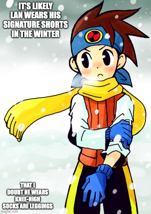 Lan in the WInter | IT'S LIKELY LAN WEARS HIS SIGNATURE SHORTS IN THE WINTER; THAT I DOUBT HE WEARS KNEE-HIGH SOCKS ARE LEGGINGS | image tagged in lan hikari,megaman,megaman nt warrior,megaman battle network,memes | made w/ Imgflip meme maker