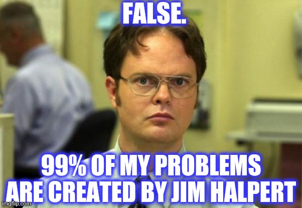 Dwight Schrute Meme | FALSE. 99% OF MY PROBLEMS ARE CREATED BY JIM HALPERT | image tagged in memes,dwight schrute | made w/ Imgflip meme maker