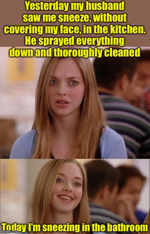 Don’t let a good pandemic go to waste | Yesterday my husband saw me sneeze, without covering my face, in the kitchen.
He sprayed everything down and thoroughly cleaned; Today I’m sneezing in the bathroom | image tagged in memes,omg karen,karen mean girls,pandemic | made w/ Imgflip meme maker