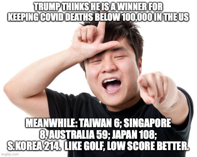 You're a loser | TRUMP THINKS HE IS A WINNER FOR KEEPING COVID DEATHS BELOW 100,000 IN THE US; MEANWHILE: TAIWAN 6; SINGAPORE 8, AUSTRALIA 59; JAPAN 108; S.KOREA 214.  LIKE GOLF, LOW SCORE BETTER. | image tagged in you're a loser | made w/ Imgflip meme maker