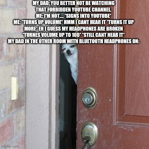 Suspicious Chihuahua | MY DAD: YOU BETTER NOT BE WATCHING THAT FORBIDDEN YOUTUBE CHANNEL.
ME: I'M NOT.... *SIGNS INTO YOUTUBE*
ME: *TURNS UP VOLUME* HMM I CANT HEAR IT *TURNS IT UP MORE* EH I GUESS MY HEADPHONES ARE BROKEN *TURNES VOLUME UP TO 100* *STILL CANT HEAR IT*
MY DAD IN THE OTHER ROOM WITH BLUETOOTH HEADPHONES ON: | image tagged in suspicious chihuahua | made w/ Imgflip meme maker