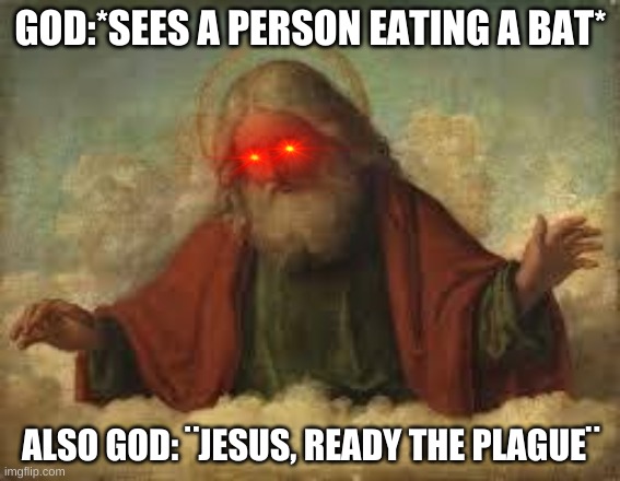 god | GOD:*SEES A PERSON EATING A BAT*; ALSO GOD: ¨JESUS, READY THE PLAGUE¨ | image tagged in god | made w/ Imgflip meme maker