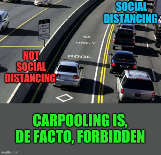 Irony | SOCIAL DISTANCING; NOT SOCIAL DISTANCING; CARPOOLING IS, DE FACTO, FORBIDDEN | image tagged in traffic jam,traffic,social distancing | made w/ Imgflip meme maker
