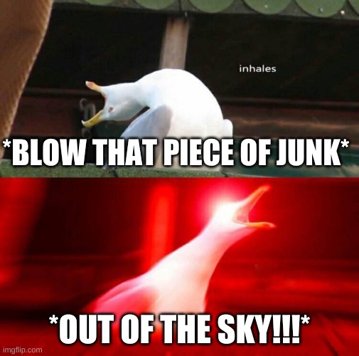 Inhaling Seagull  | *BLOW THAT PIECE OF JUNK*; *OUT OF THE SKY!!!* | image tagged in inhaling seagull | made w/ Imgflip meme maker