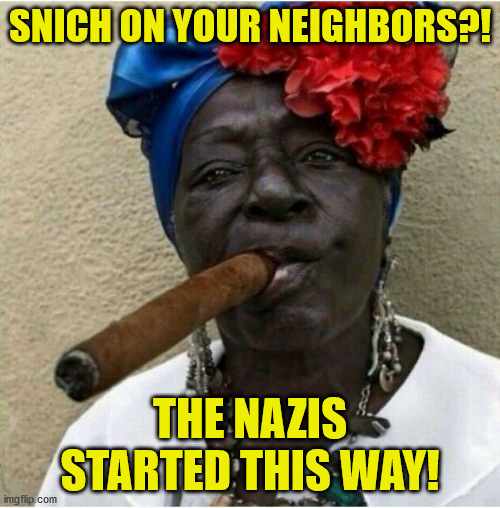 Old grandma cigar | SNICH ON YOUR NEIGHBORS?! THE NAZIS STARTED THIS WAY! | image tagged in old grandma cigar | made w/ Imgflip meme maker