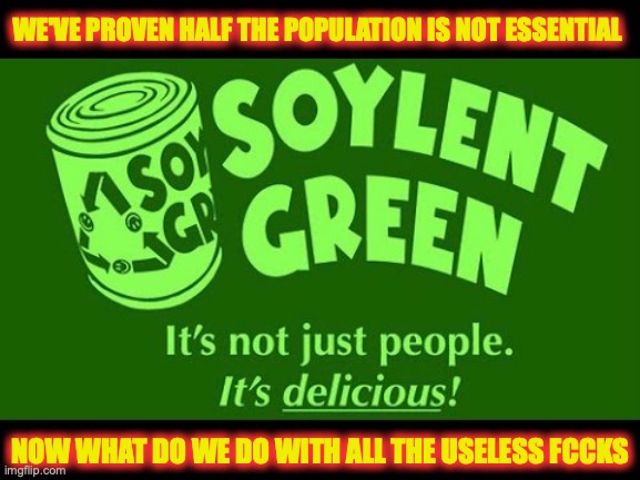 Or spin up the labor camps... | WE'VE PROVEN HALF THE POPULATION IS NOT ESSENTIAL; NOW WHAT DO WE DO WITH ALL THE USELESS FCCKS | image tagged in soylent green,useless people,useless fccks | made w/ Imgflip meme maker