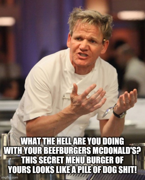 Gordon Ramsay angry with McDonald's | WHAT THE HELL ARE YOU DOING WITH YOUR BEEFBURGERS MCDONALD'S? THIS SECRET MENU BURGER OF YOURS LOOKS LIKE A PILE OF DOG SHIT! | image tagged in gordon ramsay,angry chef gordon ramsay,mcdonald's,mcdonalds,gordon ramsey meme | made w/ Imgflip meme maker