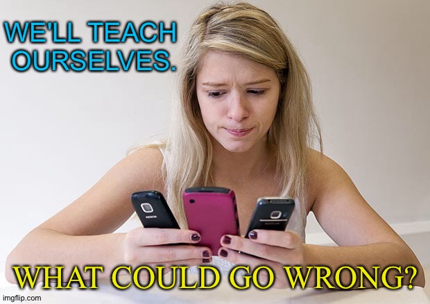 Teenager always on phone | WE'LL TEACH 
OURSELVES. WHAT COULD GO WRONG? | image tagged in teenager always on phone | made w/ Imgflip meme maker