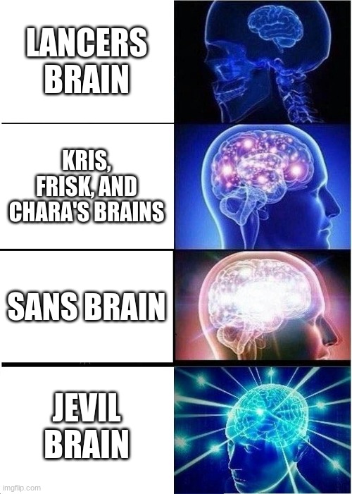 Expanding Brain | LANCERS BRAIN; KRIS, FRISK, AND CHARA'S BRAINS; SANS BRAIN; JEVIL BRAIN | image tagged in memes,expanding brain | made w/ Imgflip meme maker