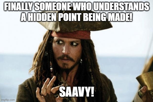 Jack Sparrow Pirate | FINALLY SOMEONE WHO UNDERSTANDS A HIDDEN POINT BEING MADE! SAAVY! | image tagged in jack sparrow pirate | made w/ Imgflip meme maker