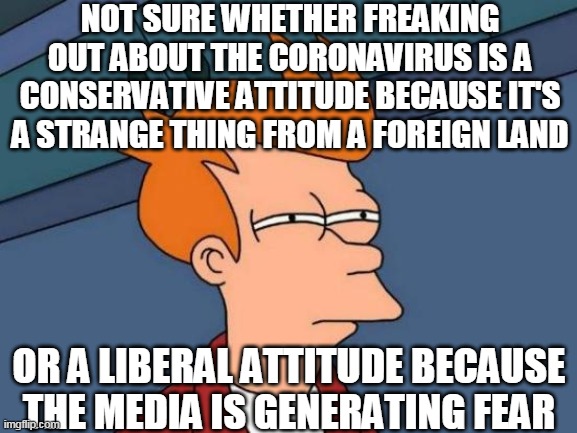 A Novel Challenge Dissolves Political Boundaries | NOT SURE WHETHER FREAKING OUT ABOUT THE CORONAVIRUS IS A CONSERVATIVE ATTITUDE BECAUSE IT'S A STRANGE THING FROM A FOREIGN LAND; OR A LIBERAL ATTITUDE BECAUSE THE MEDIA IS GENERATING FEAR | image tagged in memes,futurama fry,liberal,conservative,coronavirus | made w/ Imgflip meme maker