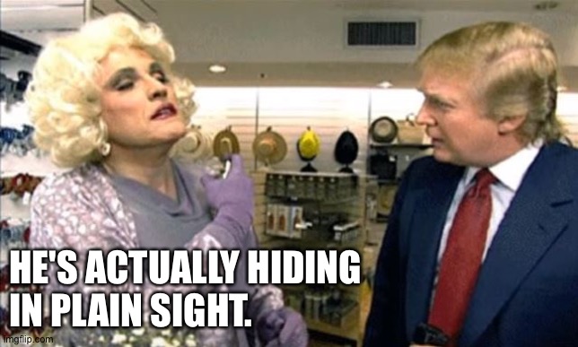 Rudy Giuliani drag, but which bathroom? | HE'S ACTUALLY HIDING 
IN PLAIN SIGHT. | image tagged in rudy giuliani drag but which bathroom | made w/ Imgflip meme maker