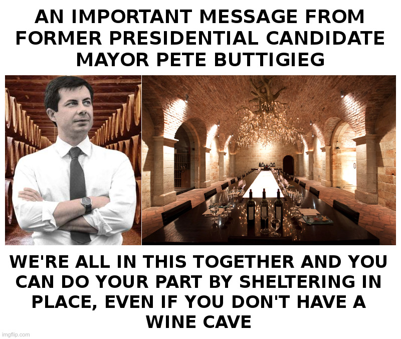 An Important Message From Mayor Pete | image tagged in buttigieg,rich,democrats,coronavirus,wine,cave | made w/ Imgflip meme maker