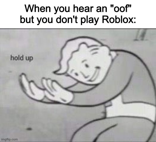 Fallout Hold Up | When you hear an "oof" but you don't play Roblox: | image tagged in fallout hold up | made w/ Imgflip meme maker